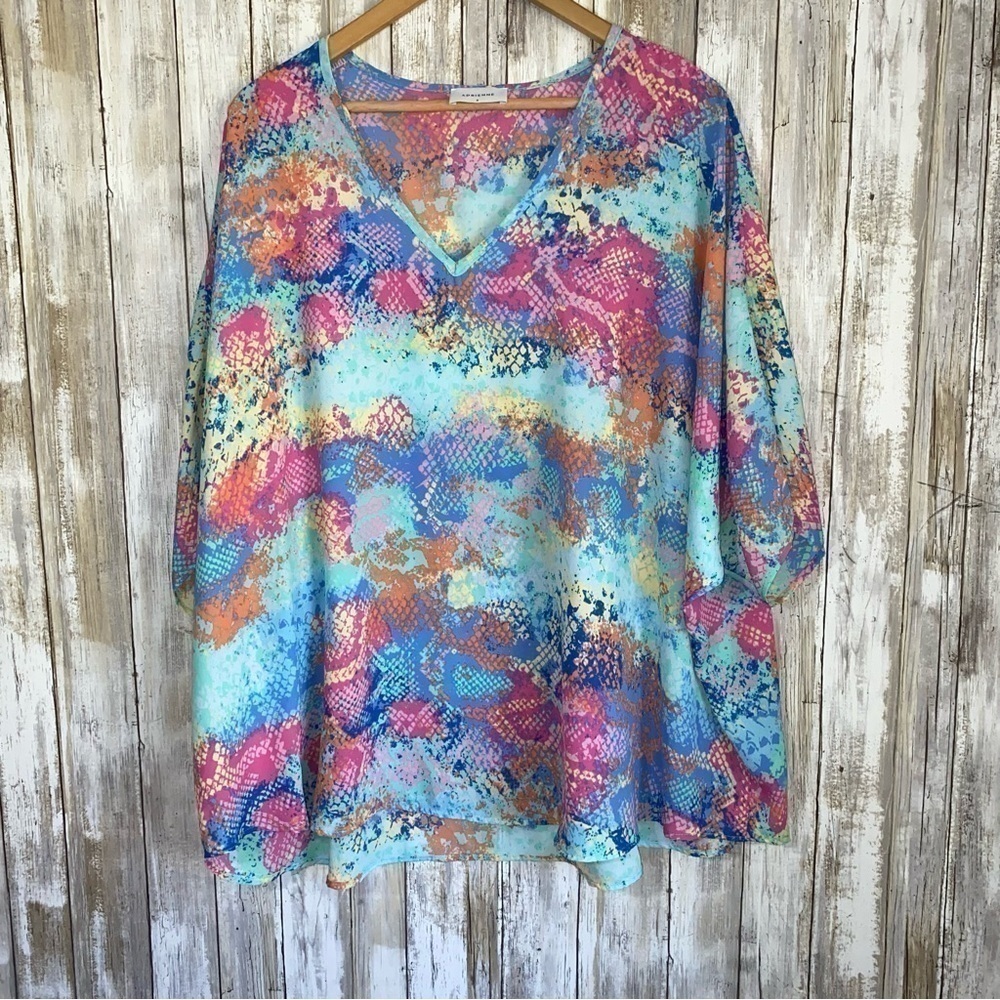Adrienne Sheer Snake Print Oversized V-Neck Tunic Blouse Blue Pink Size S - Picture 1 of 5